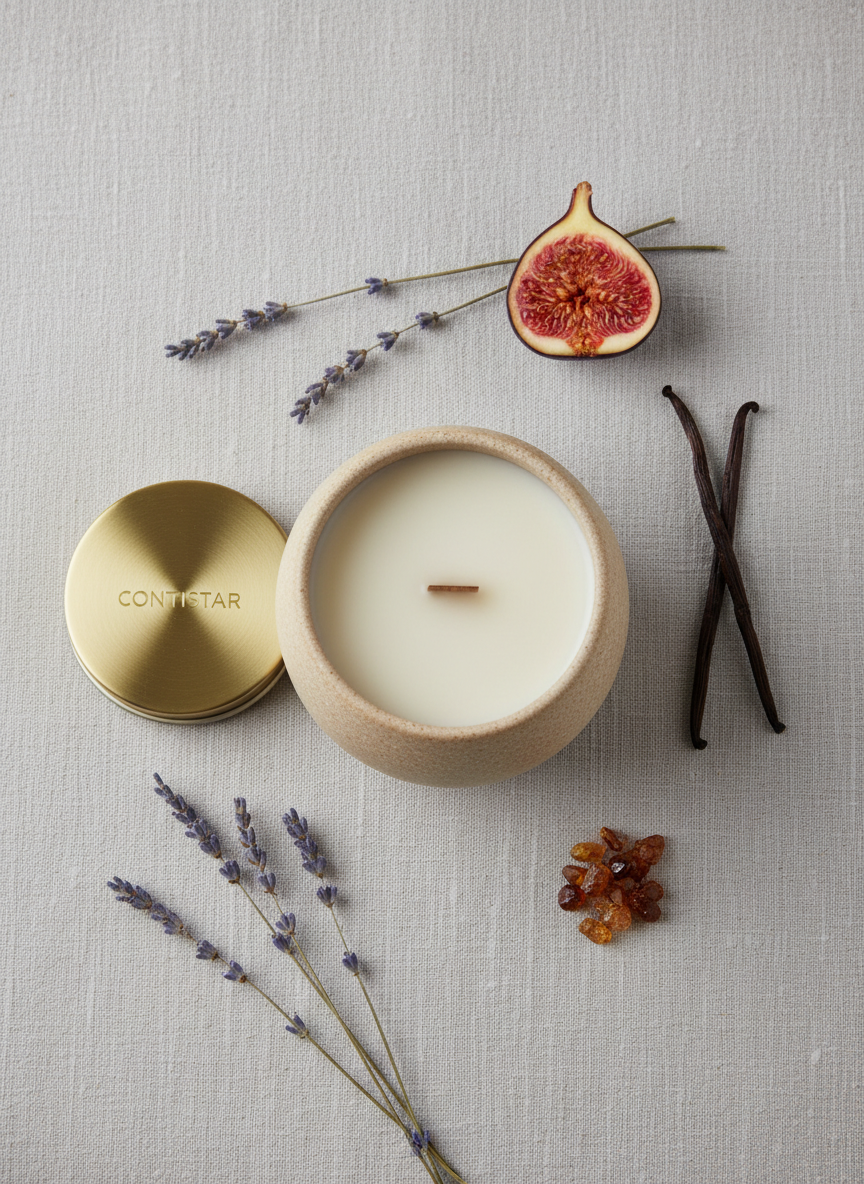 An overhead photographic view of a meticulously styled flat lay: a Contistar candle in a sand-colored ceramic vessel with a fine speckled texture, surrounded by natural elements that inspired its fragrance. Dried lavender stems, a halved ripe fig, vanilla pods, and a small cluster of amber resin crystals are arranged on a linen-textured, dove-grey backdrop. Soft, diffused studio lighting from above eliminates harsh shadows, producing a calm, editorial mood. The candle’s lid, a brushed brass disk, rests slightly askew beside it. The composition follows the rule of thirds, with crisp focus throughout, conveying a refined, sensory story of scent notes and craftsmanship.