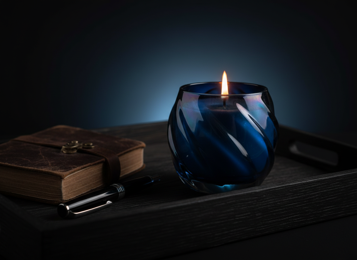 A dark, moody vignette of a Contistar candle designed for nighttime rituals, housed in deep ink-blue glass with a subtle iridescent sheen. The candle sits on a blackened oak tray alongside a closed leather-bound journal and a sleek fountain pen. Only the candle and a faint, cool-toned backlight illuminate the scene, producing a dramatic contrast between warm flame and shadow, with a faint rim light outlining the vessel’s curves. Photographic realism, captured at a low angle with a tight crop, emphasizing intimacy and reflection. The overall mood is contemplative, sophisticated, and quietly dramatic, ideal for a fragrance focused on evening escape and introspection.