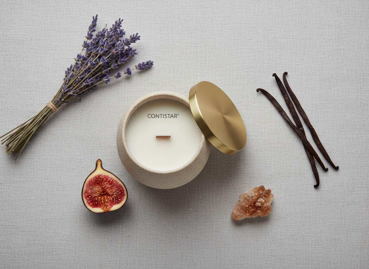 An overhead photographic view of a meticulously styled flat lay: a Contistar candle in a sand-colored ceramic vessel with a fine speckled texture, surrounded by natural elements that inspired its fragrance. Dried lavender stems, a halved ripe fig, vanilla pods, and a small cluster of amber resin crystals are arranged on a linen-textured, dove-grey backdrop. Soft, diffused studio lighting from above eliminates harsh shadows, producing a calm, editorial mood. The candle’s lid, a brushed brass disk, rests slightly askew beside it. The composition follows the rule of thirds, with crisp focus throughout, conveying a refined, sensory story of scent notes and craftsmanship.