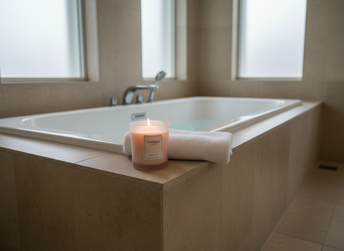 A serene bathroom sanctuary scene featuring a single Contistar candle on the wide ledge of a freestanding matte white soaking tub. The candle, in a pale blush frosted glass vessel with a thin gold rim, burns with a gentle, unwavering flame, its reflection shimmering in the still water. Smooth, oversized stone tiles in warm greige tones surround the space, while a folded, plush white towel rests neatly beside the candle. Soft, diffused evening light filters through frosted glass windows, complemented by the candle’s warm glow. Photographic realism, shot from a slightly elevated angle with moderate depth of field, creating an indulgent, spa-like atmosphere of escape and quiet luxury.