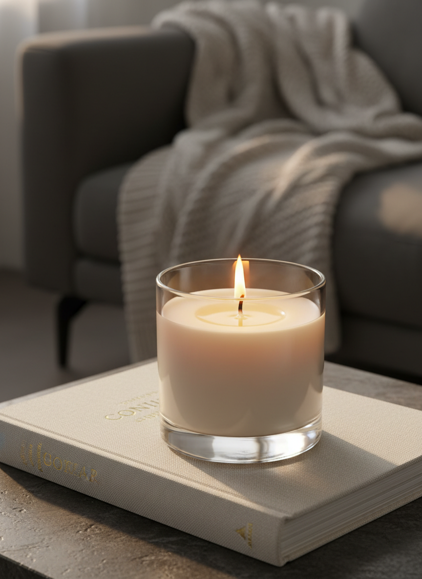 A close-up, side-angle shot of a Contistar candle mid-burn, its creamy wax forming a flawless, even melt pool within a heavy, clear glass tumbler. Tiny air bubbles and faint ripples in the wax catch the warm glow of the steady flame. The candle sits atop a hardcover book with a textured linen cover on a charcoal stone side table. In the blurred background, a luxurious wool throw drapes over the arm of a low modern sofa. Soft, warm evening lighting mixed with the candle’s own glow creates gentle highlights and rich shadows. Photographic realism with a shallow depth of field, emphasizing opulence, comfort, and private escape.