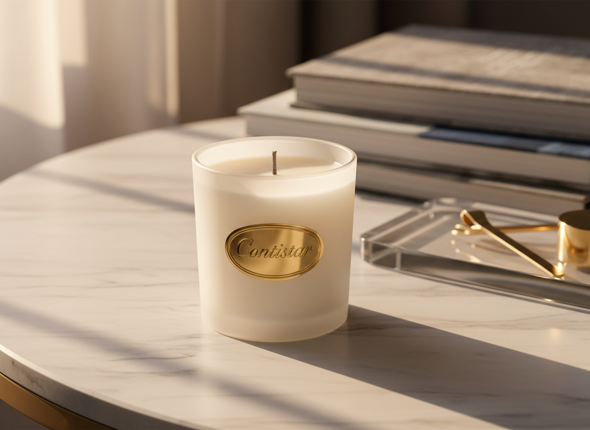 A single luxury scented candle in a thick, frosted ivory glass vessel with a subtle matte finish and gold-embossed Contistar label, placed on a pale veined marble tabletop. The unlit wick stands perfectly centered, surrounded by smooth, creamy soy wax. In the background, out of focus, are stacked hardcover art books and a crystal glass tray with minimalist brass accessories. Soft golden hour sunlight filters through an unseen window, creating long, elegant shadows and delicate highlights on the glass and marble. Photographic realism, shot at eye level with a shallow depth of field, emphasizing sophistication, quiet indulgence, and a calm, modern atmosphere suitable for a premium candle brand homepage hero image.