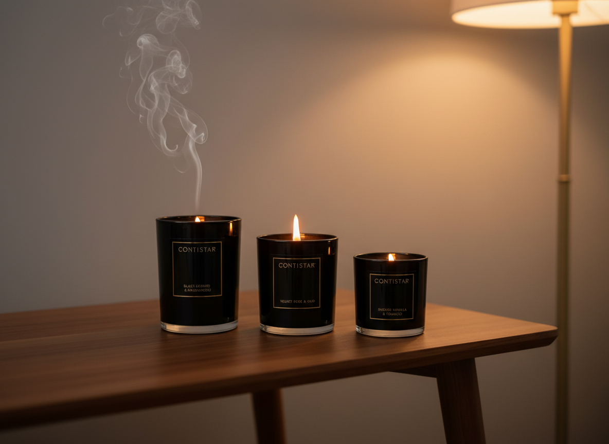 A trio of Contistar scented candles in different heights, each housed in smooth, glossy black glass with understated metallic typography, arranged on a low walnut wood console against a warm grey wall. One candle burns with a steady, clean flame, the others remain unlit, their surfaces perfectly flat. Wisps of curling smoke rise from a recently extinguished wick, catching the light. Warm ambient lighting from an off-camera floor lamp and subtle backlighting create a halo-like glow around the vessels. Photographic realism, composed with asymmetrical balance and shallow depth of field, evoking an intimate, sophisticated evening scene of quiet indulgence and escape.