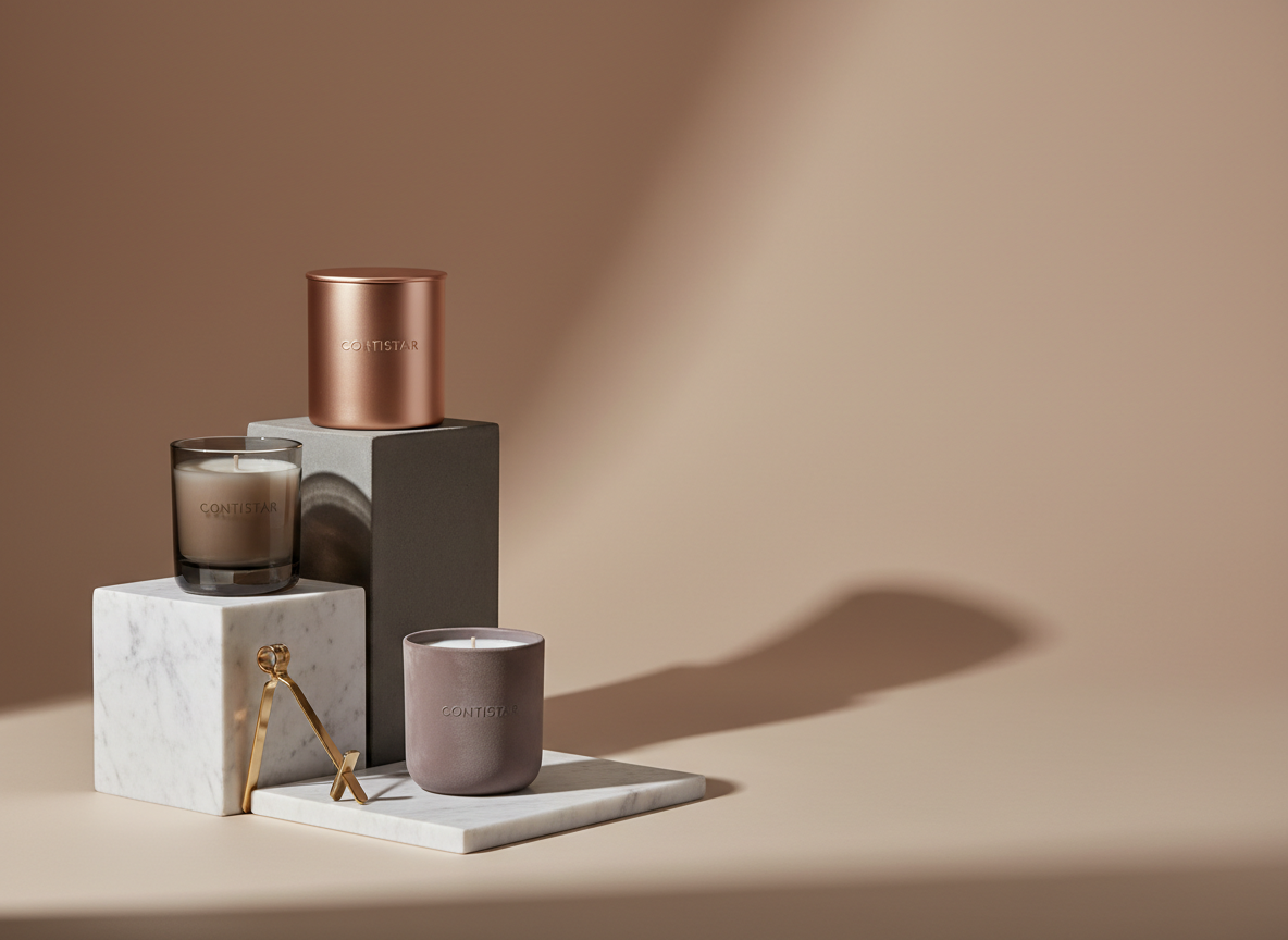 A minimalist Contistar product lineup displayed on staggered plinths of polished white marble and matte charcoal concrete against a seamless, soft taupe backdrop. Each candle vessel presents a different finish: brushed rose-gold metal, translucent smoky glass, and velvety matte porcelain, all with restrained, debossed branding. A matching wick trimmer and snuffer in satin brass rest on the lowest plinth. Clean, controlled studio lighting from the left sculpts the forms, creating precise shadows and subtle reflections. Photographic realism with sharp focus and generous negative space, styled like a luxury fragrance campaign, communicating meticulous design, premium materials, and a sophisticated, gallery-like atmosphere.