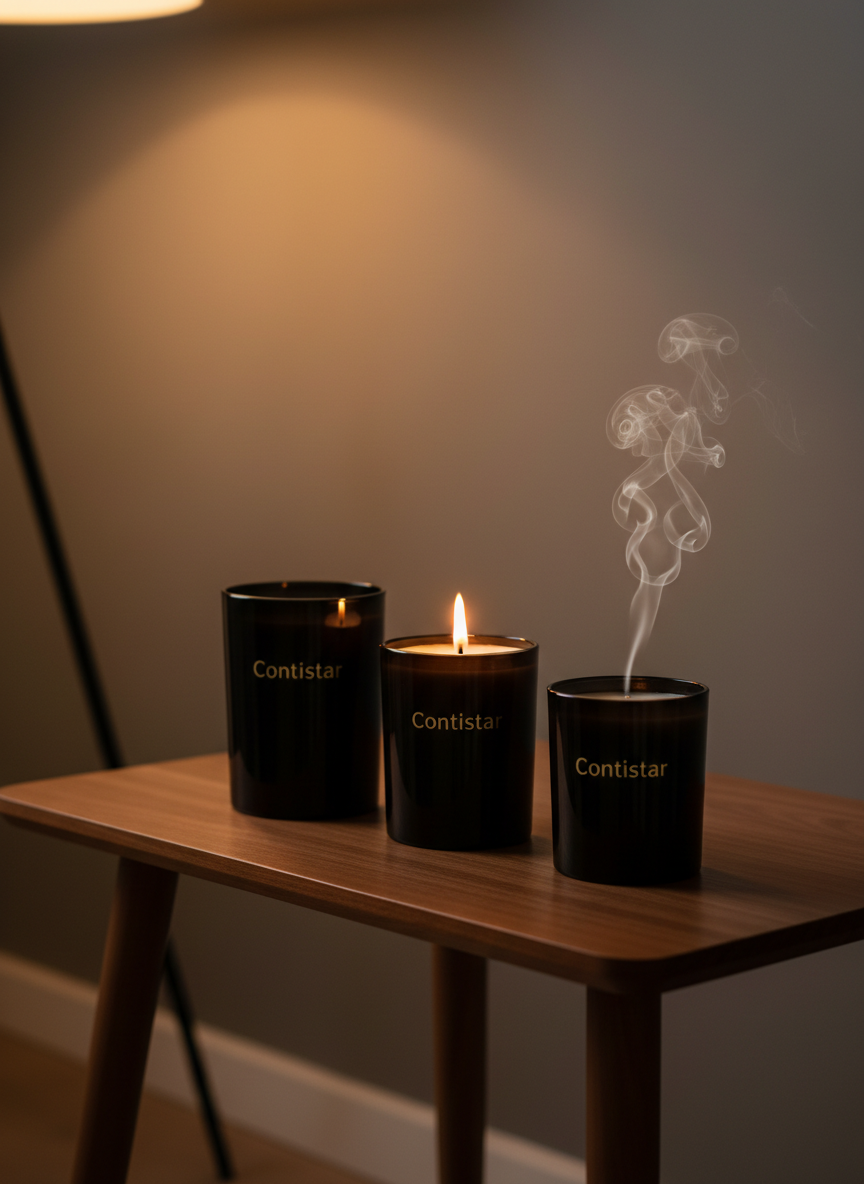 A trio of Contistar scented candles in different heights, each housed in smooth, glossy black glass with understated metallic typography, arranged on a low walnut wood console against a warm grey wall. One candle burns with a steady, clean flame, the others remain unlit, their surfaces perfectly flat. Wisps of curling smoke rise from a recently extinguished wick, catching the light. Warm ambient lighting from an off-camera floor lamp and subtle backlighting create a halo-like glow around the vessels. Photographic realism, composed with asymmetrical balance and shallow depth of field, evoking an intimate, sophisticated evening scene of quiet indulgence and escape.
